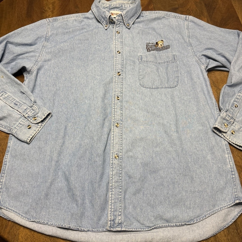 Vintage Disney Fort Wilderness Mickey Crockett Embroidered Denim Button Shirt XL